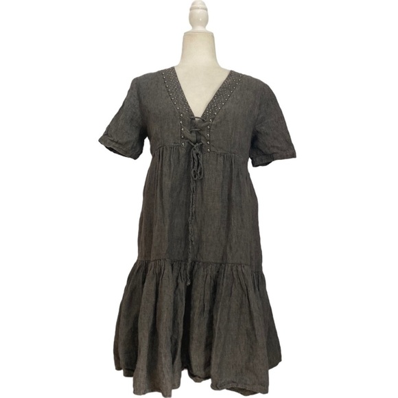 Twin-Set Simona Barbieri V Neck Tiered Mini Dress with lace up Detailing - Picture 5 of 9